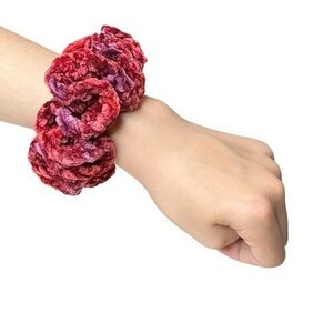 Crochet Scrunchie Oversized Hair Tie Red Wine Plush Crushed Velvet Handcrafted